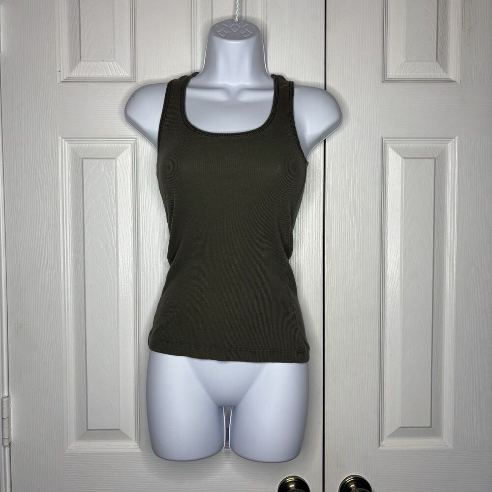 Y2K Size Small Olive Green Ribbed Tank Top Fitted Stretch Basic